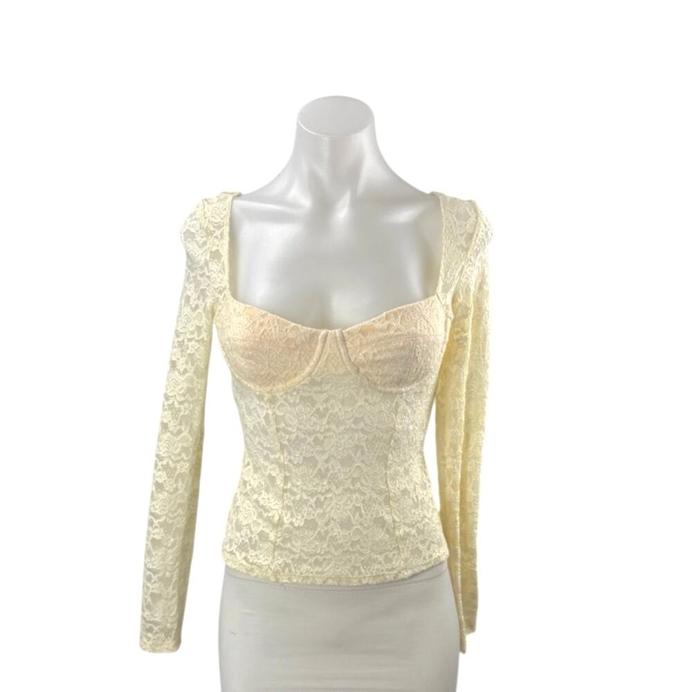 Women's Cream Floral Lace Bustier Corset Long Sleeve Backless Blouse Top Size S